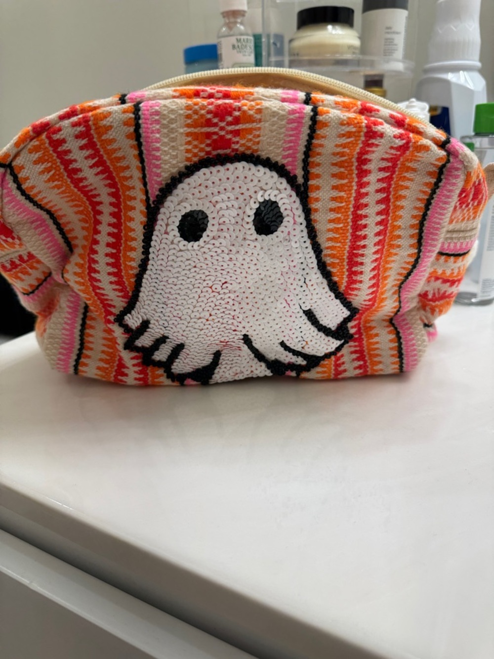Sequin Ghost Cosmetic Bag in Pink & Orange Stripe